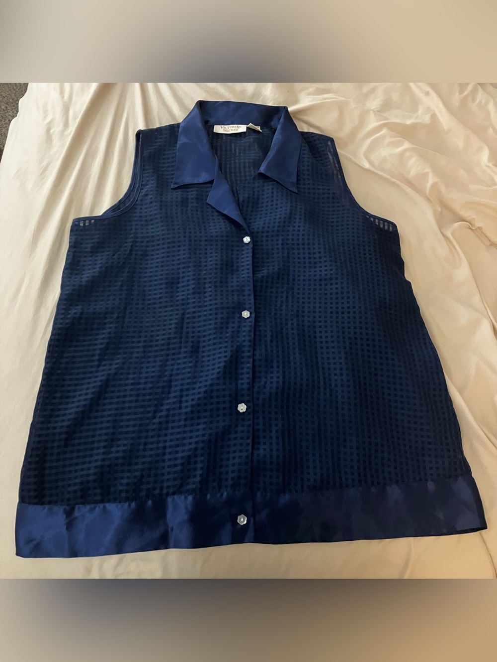 Vintage Victoria’s Secret Navy Blue Semi-Sheer Checkered Sleeveless Blouse Top M